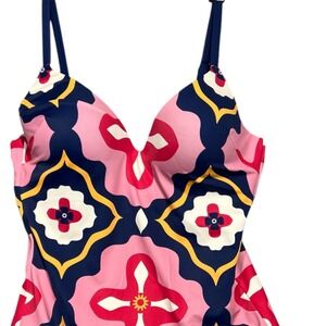 Boden One Piece Swimsuit Women's Size 36D Pink/Navy Geometric Pattern Classic‎